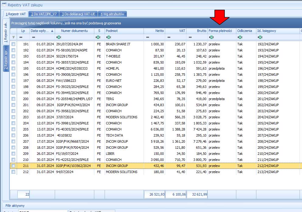 Rejestr VAT — rzeczywisty widok dodatku w Comarch ERP Optima, zdjęcie 1