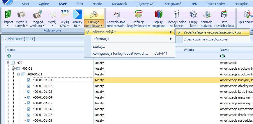 Kategorie na podstawie planu kont — rzeczywisty widok dodatku w Comarch ERP Optima, zdjęcie 1