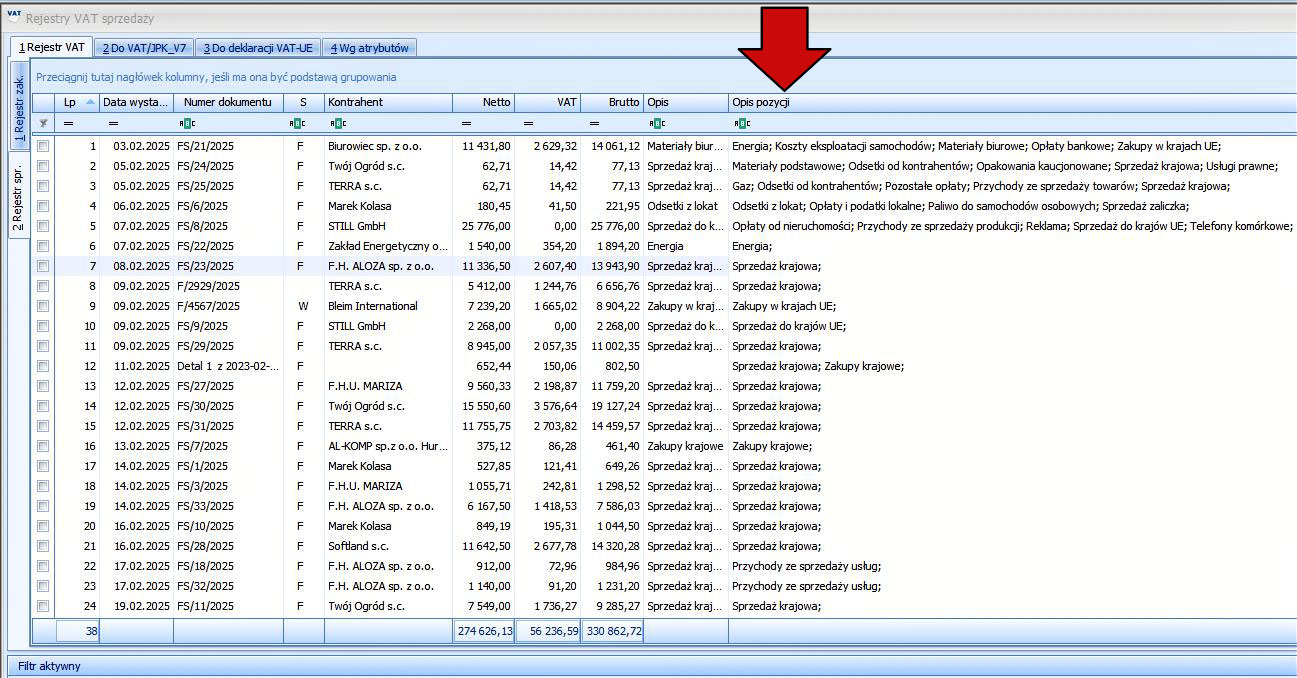 Opis pozycji w rejestrze VAT — rzeczywisty widok dodatku w Comarch ERP Optima, zdjęcie 1