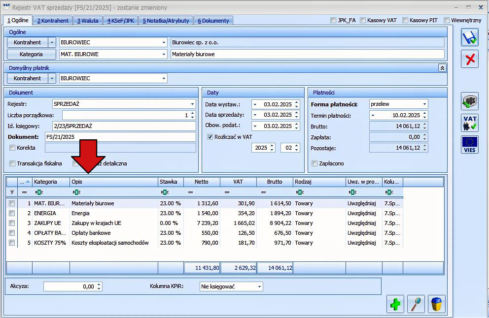 Opis pozycji w rejestrze VAT — rzeczywisty widok dodatku w Comarch ERP Optima, zdjęcie 2