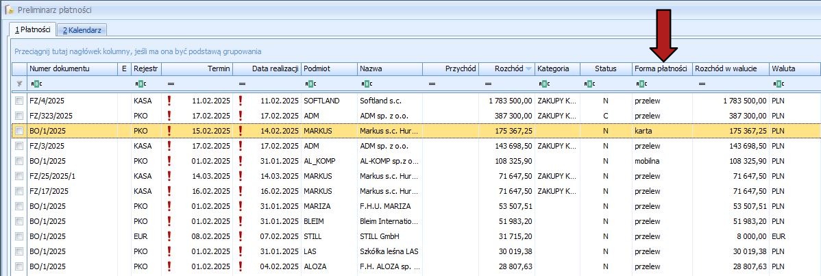 Preliminarz płatności — rzeczywisty widok dodatku w Comarch ERP Optima, zdjęcie 3