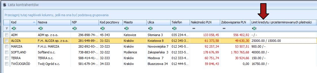 Limit kredytu i przeterminowanych płatności — rzeczywisty widok dodatku w Comarch ERP Optima, zdjęcie 1