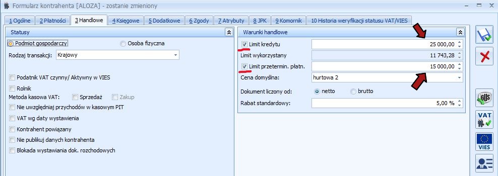 Limit kredytu i przeterminowanych płatności — rzeczywisty widok dodatku w Comarch ERP Optima, zdjęcie 2