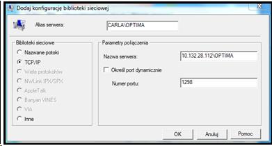 Przykładowe okno konfiguracji aliasu klienta SQL Server w cliconfg
