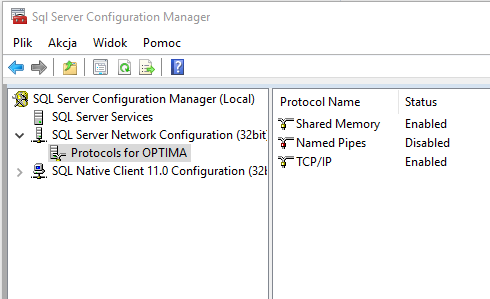 Przykładowy widok protokołów instancji w SQL Server Configuration Manager