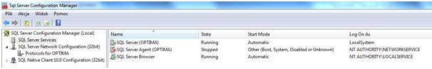 Przykładowa lista usług SQL Server i SQL Server Browser